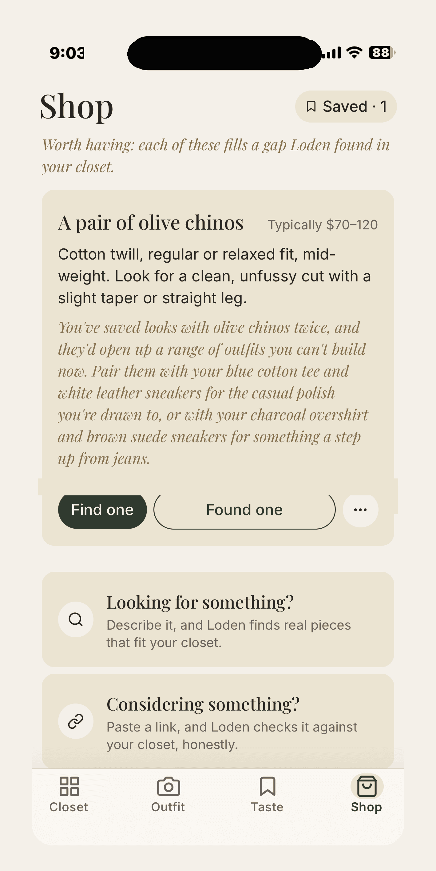 Loden app — an example shopping suggestion (a pair of olive chinos) that fills a real gap in your closet